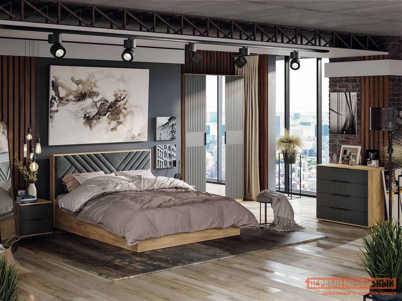 Спальный гарнитур  Хилтон Дуб Крафт Золотой / Графит матовый / Графит, велюр