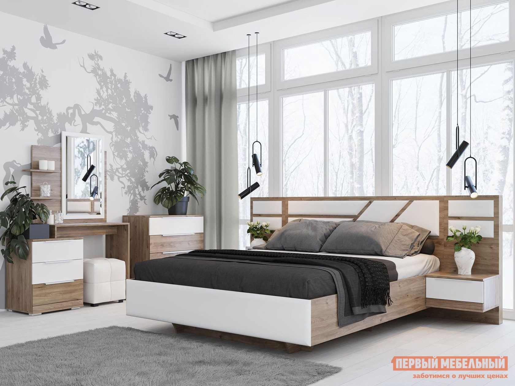 Спальный гарнитур  Лагуна 8 Гикори темный / Белый матовый / Белый, экокожа