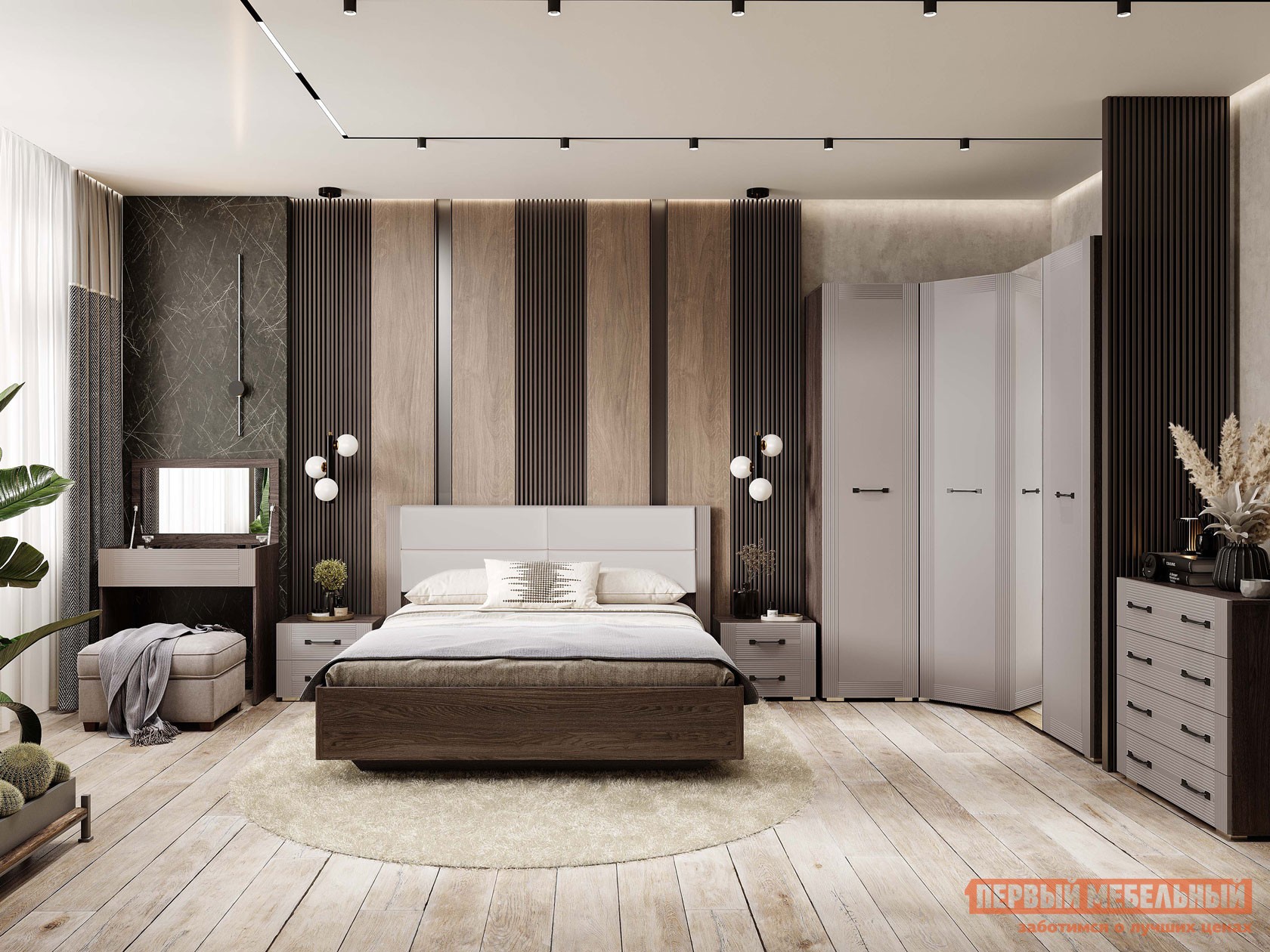 Спальный гарнитур  Милена Ясень темный / Топленое молоко / Серый, велюр