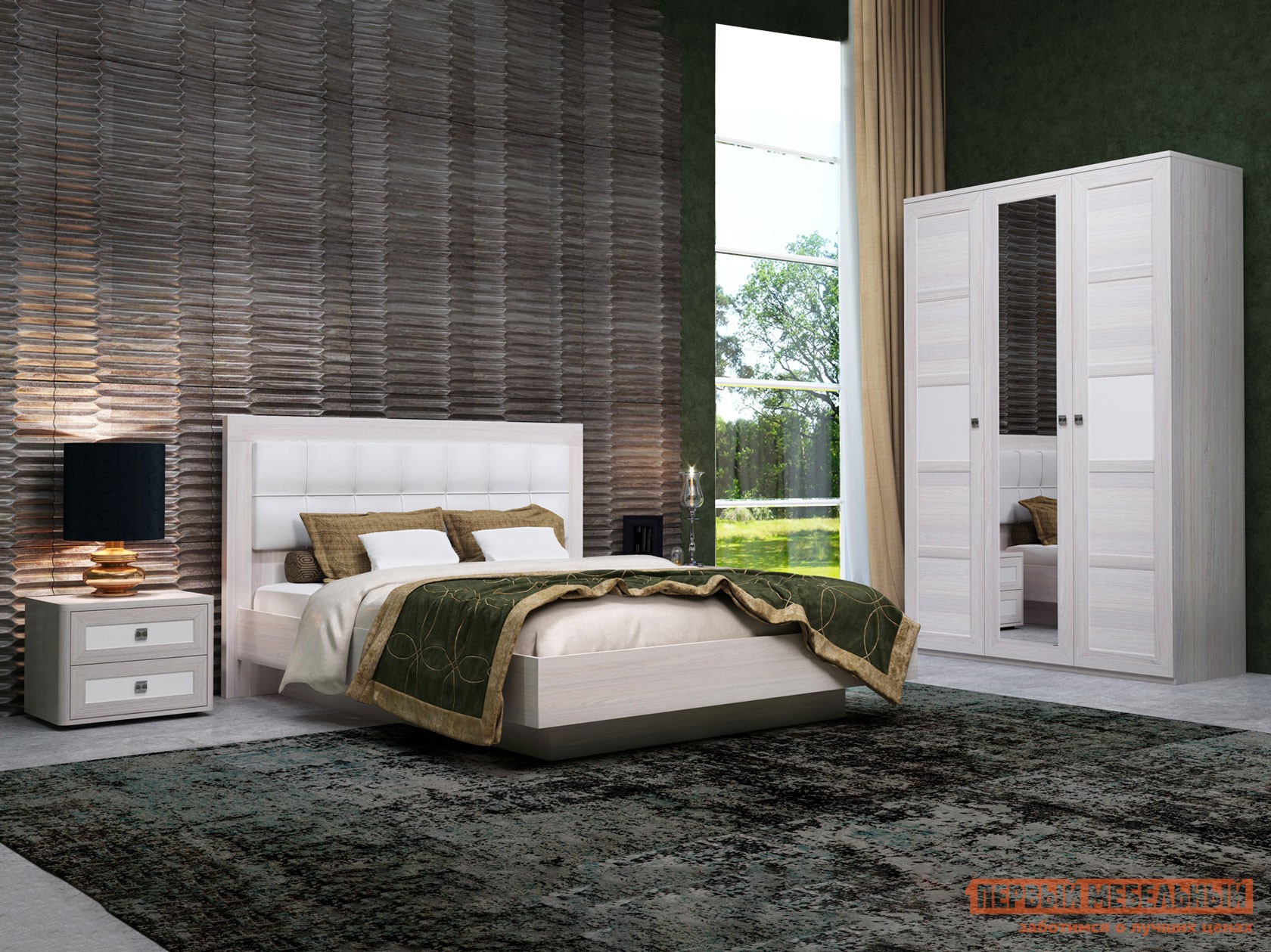 Спальный гарнитур  Парма Нео 3 Ясень Анкор светлый / Экокожа белая