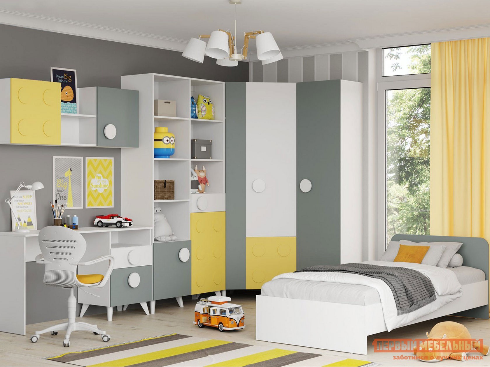 Комплект детской мебели  Лего Белый / Грин Грей Софт / Солнечно-желтый