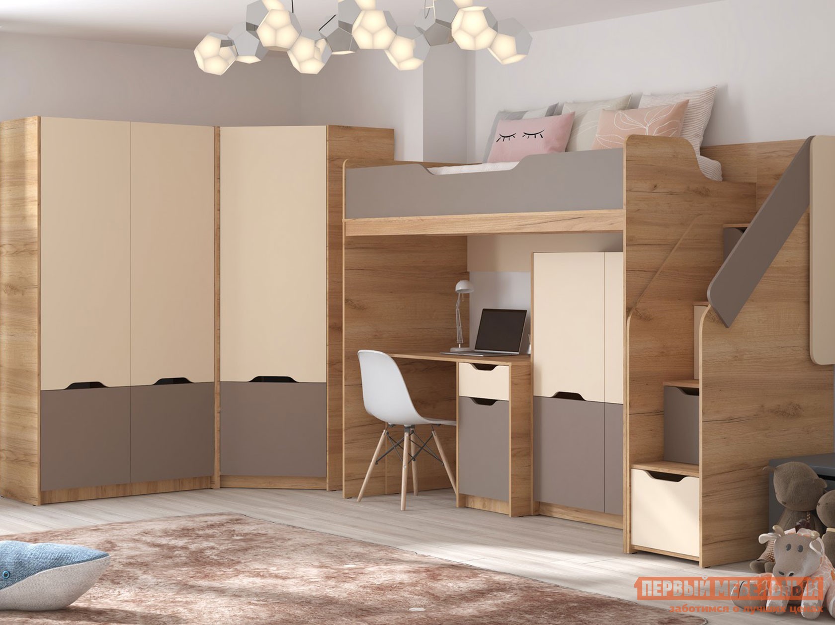 Комплект детской мебели  Рич Дуб Крафт золотой / Миндаль / Глиняный серый