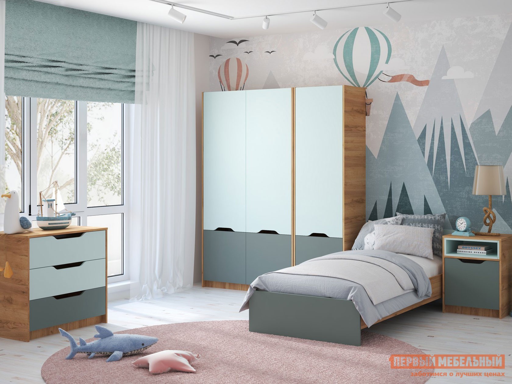Комплект детской мебели  Рич Дуб Крафт золотой / Мята / Сумеречный голубой
