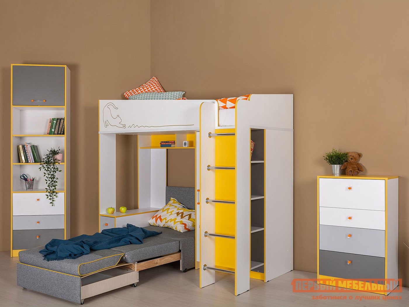 Комплект детской мебели  Альфа Солнечный Свет / Темно-серый / Белый премиум / Стальной Серый