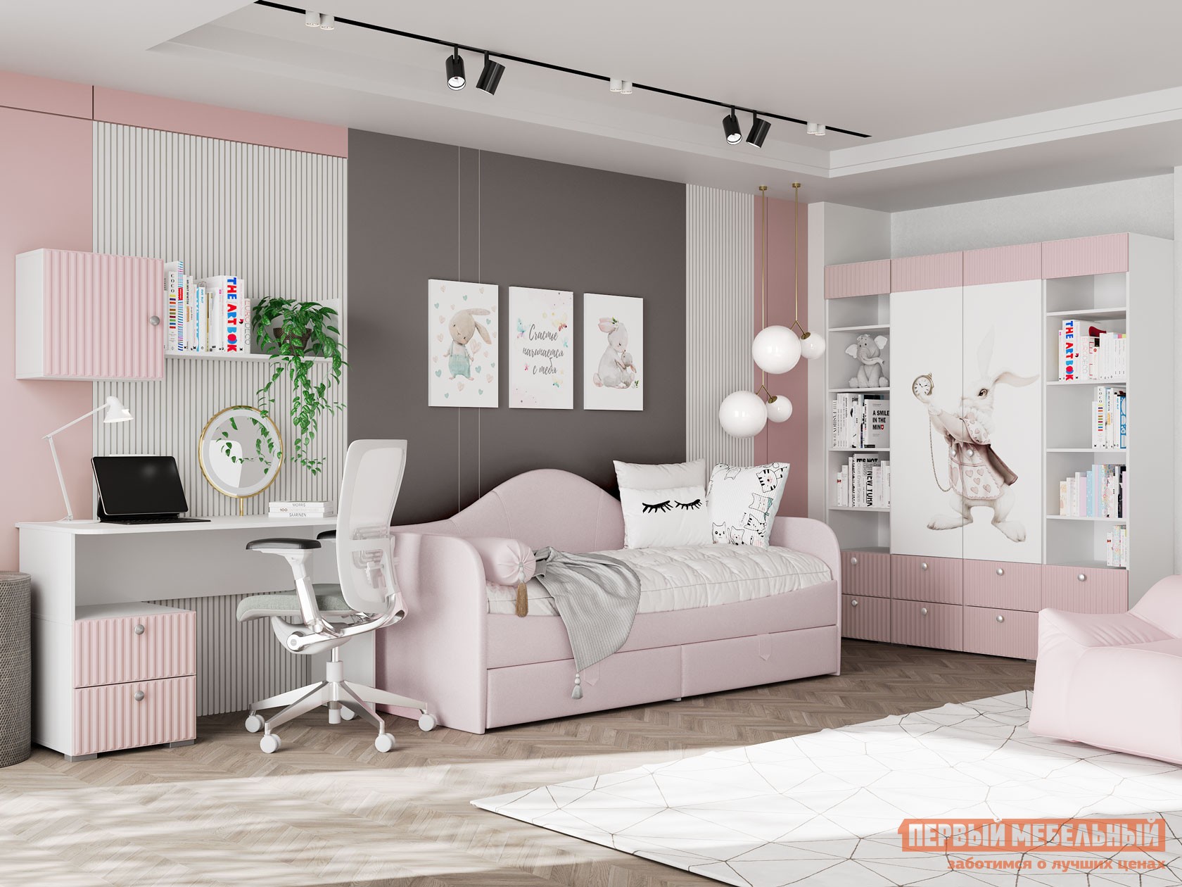 Комплект детской мебели  Алиса Белый / Розовый / Розовый, велюр