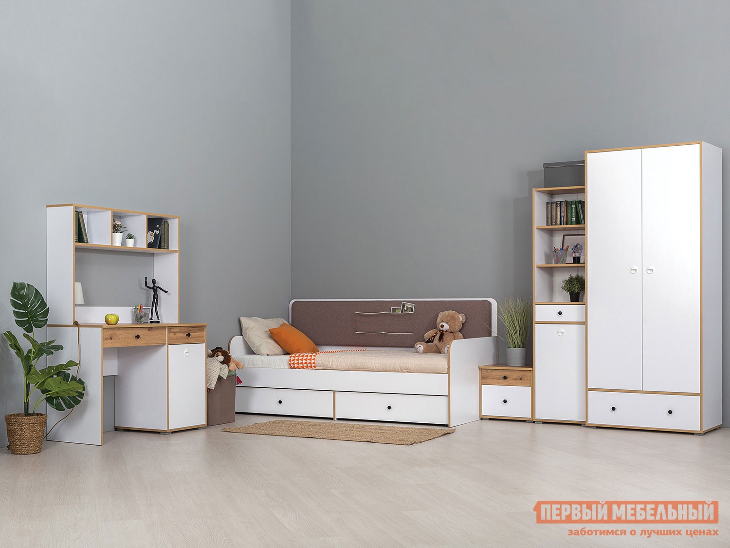 Комплект детской мебели  Вуди Дуб золотой / Белый / Саванна Латте, рогожка