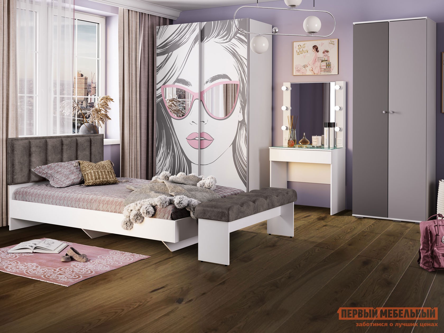 Комплект детской мебели  Мемори Белый / Smoky eyes / Smoky kiss / Фотопечать / Коричневый, велюр