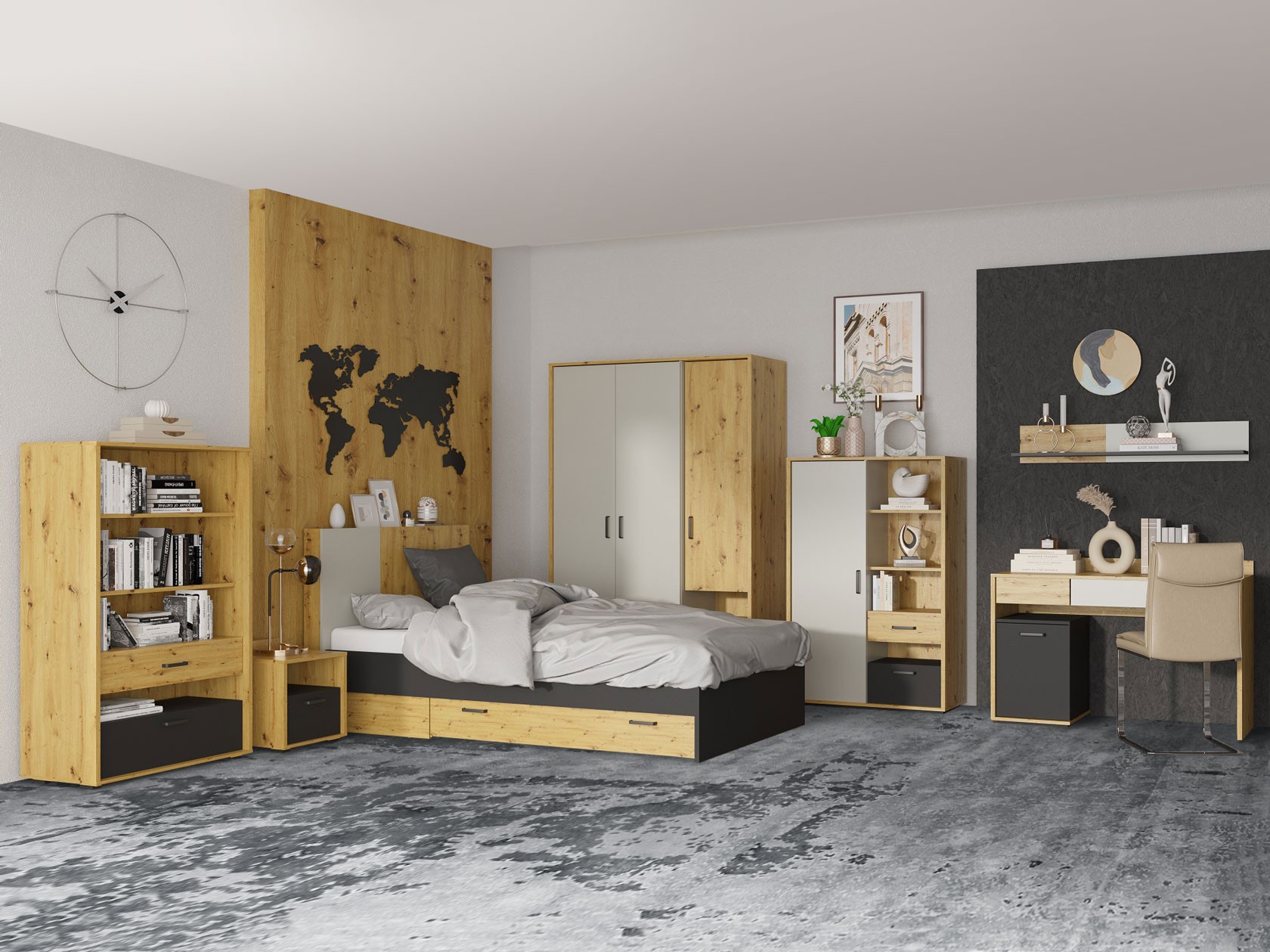 Комплект детской мебели  Кубо Дуб Артизан / Черный матовый / Холодный серый, Без блока питания