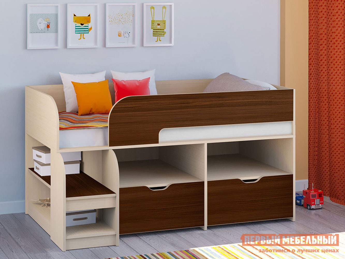 Кровать-чердак  Астра 9/6 Дуб Молочный / Орех