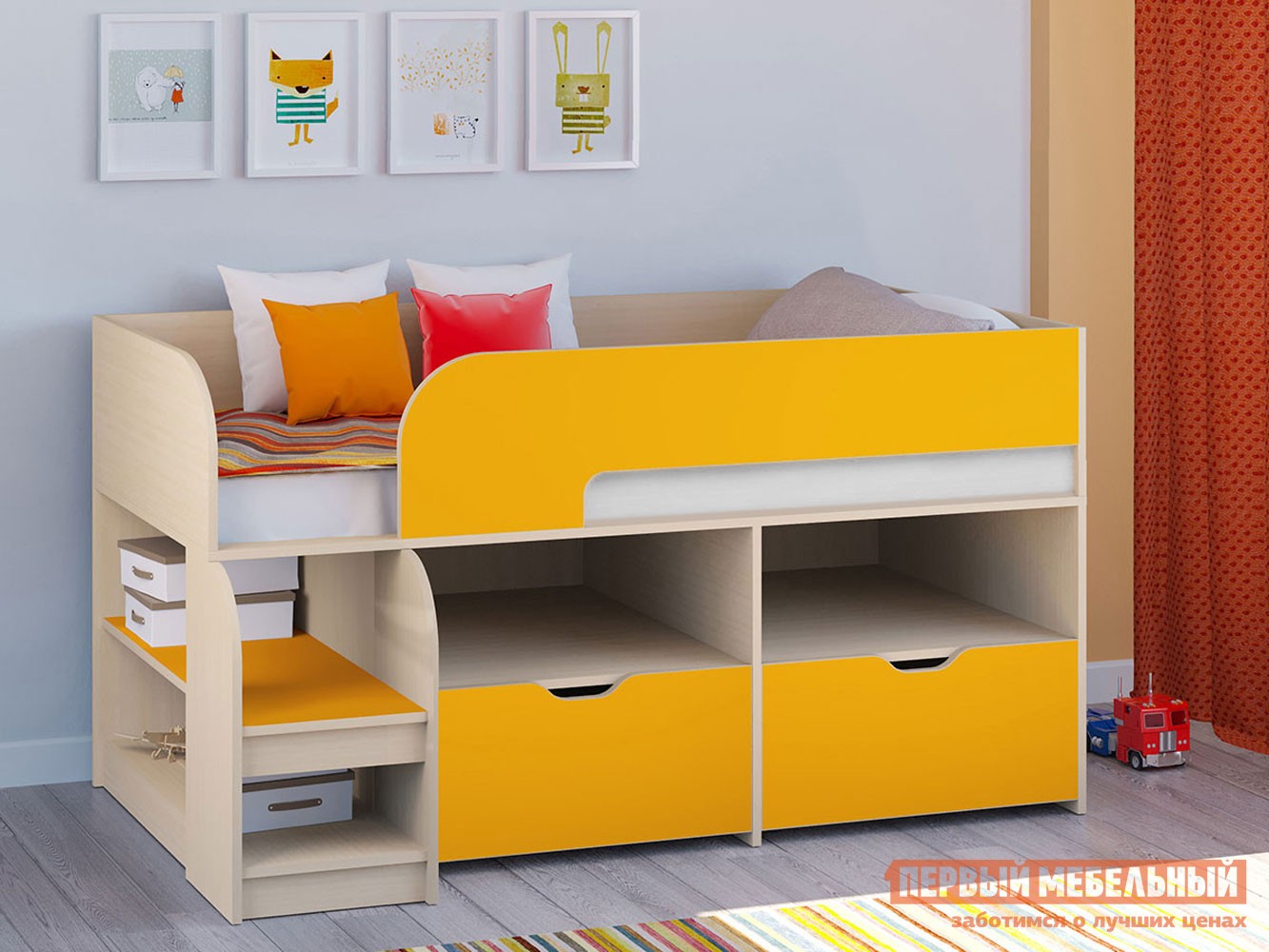 Кровать-чердак  Астра 9/6 Дуб Молочный / Оранжевый
