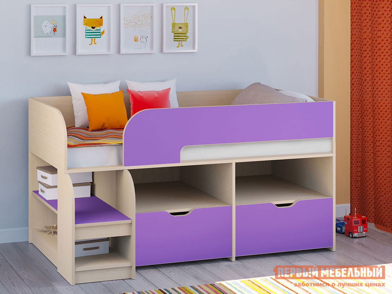 Кровать-чердак  Астра 9/6 Дуб Молочный / Фиолетовый