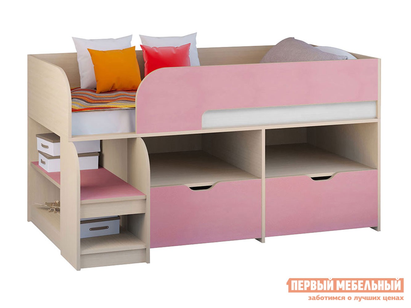 Кровать-чердак  Астра 9/6 Дуб Молочный / Розовый