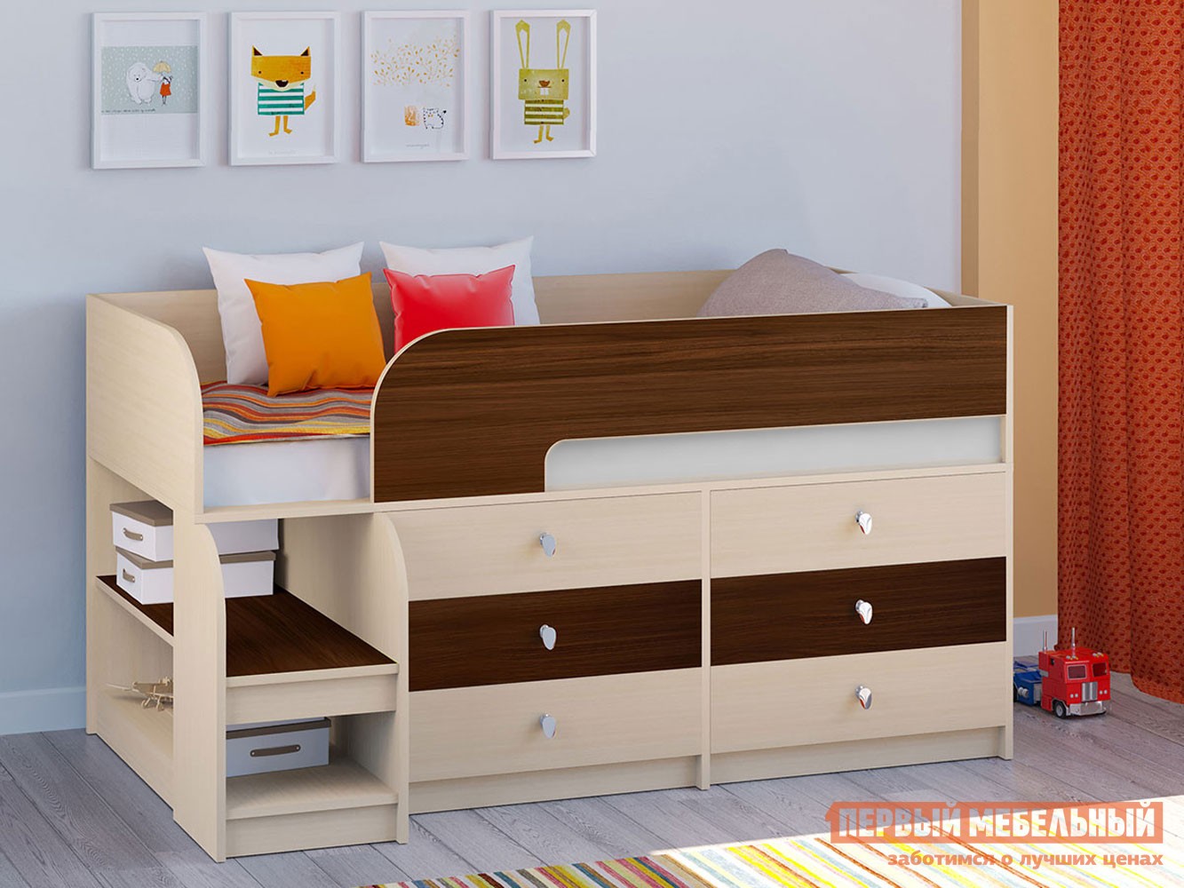 Кровать-чердак  Астра 9/3 Дуб Молочный / Орех