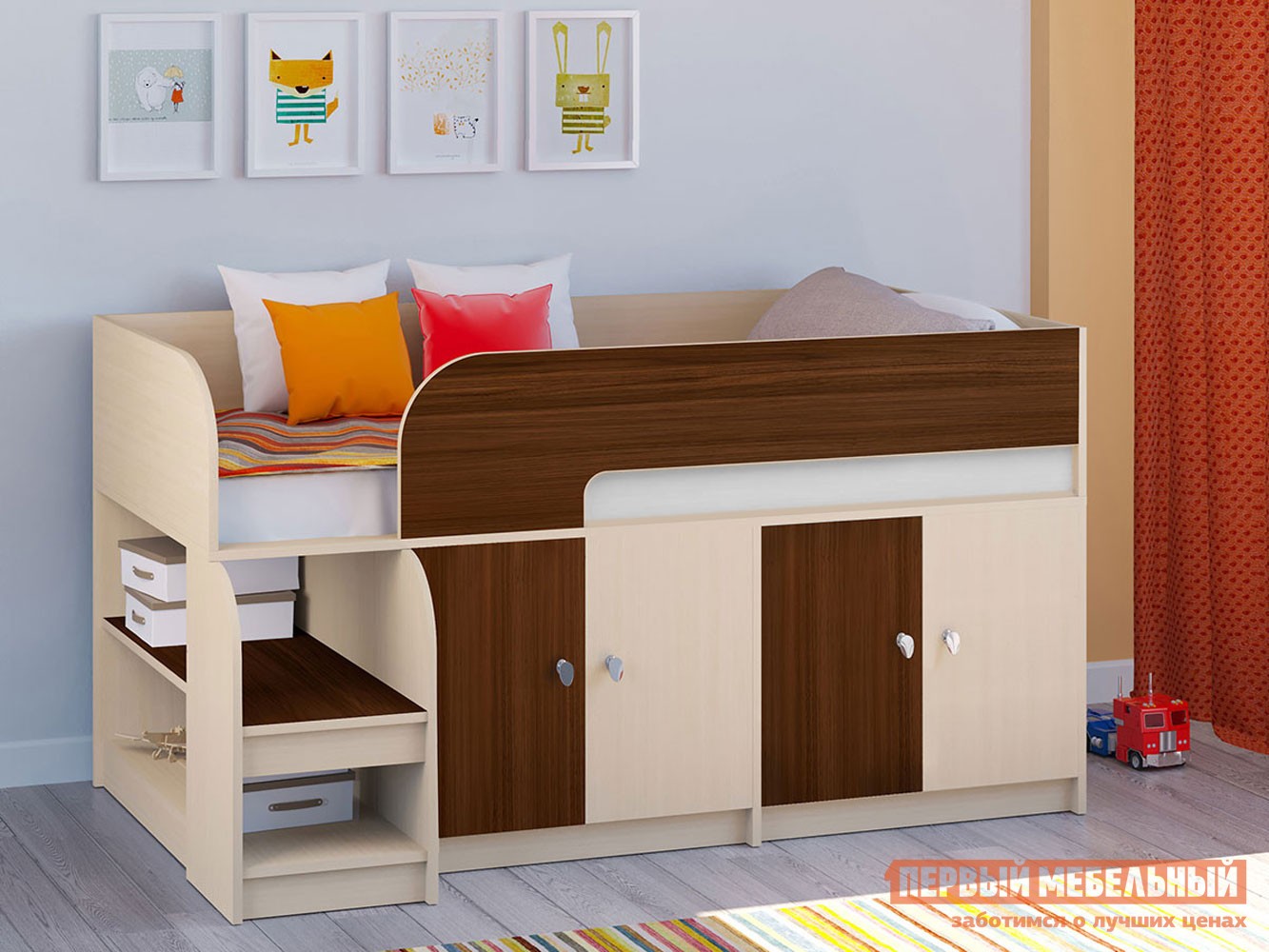 Кровать-чердак  Астра 9/2 Дуб Молочный / Орех