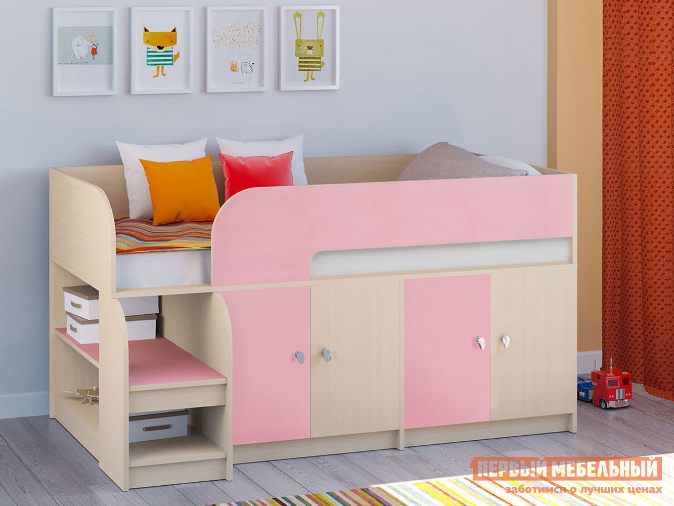 Кровать-чердак  Астра 9/2 Дуб Молочный / Розовый