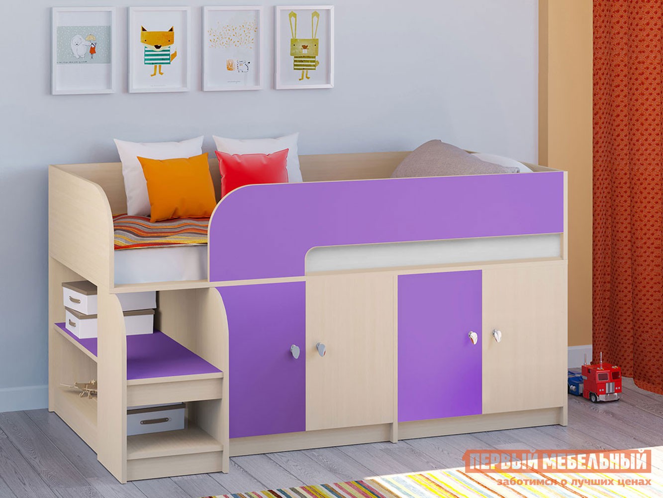 Кровать-чердак  Астра 9/2 Дуб Молочный / Фиолетовый