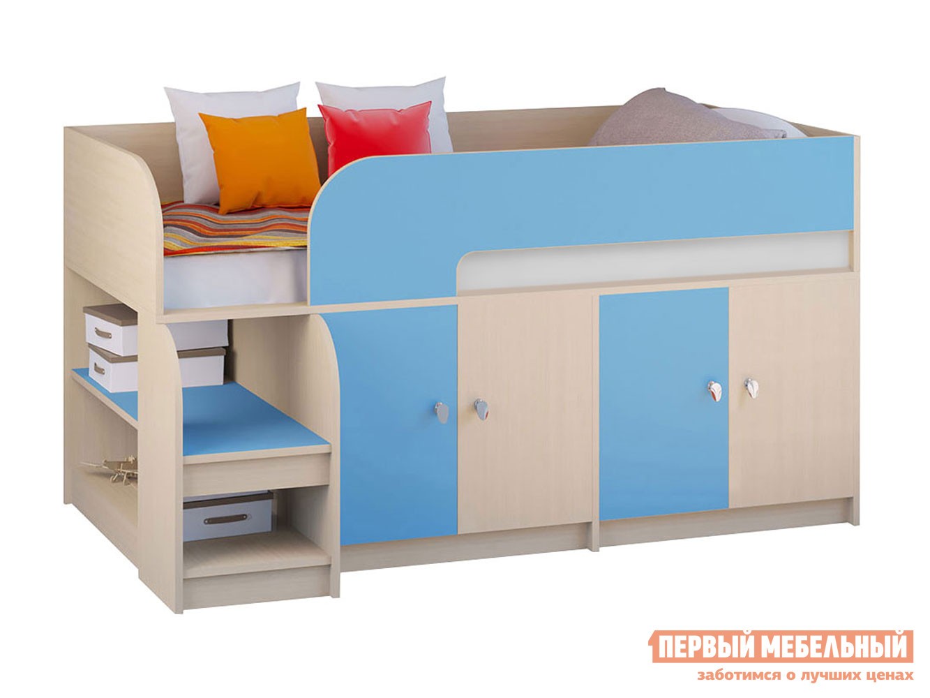 Кровать-чердак  Астра 9/2 Дуб Молочный / Голубой