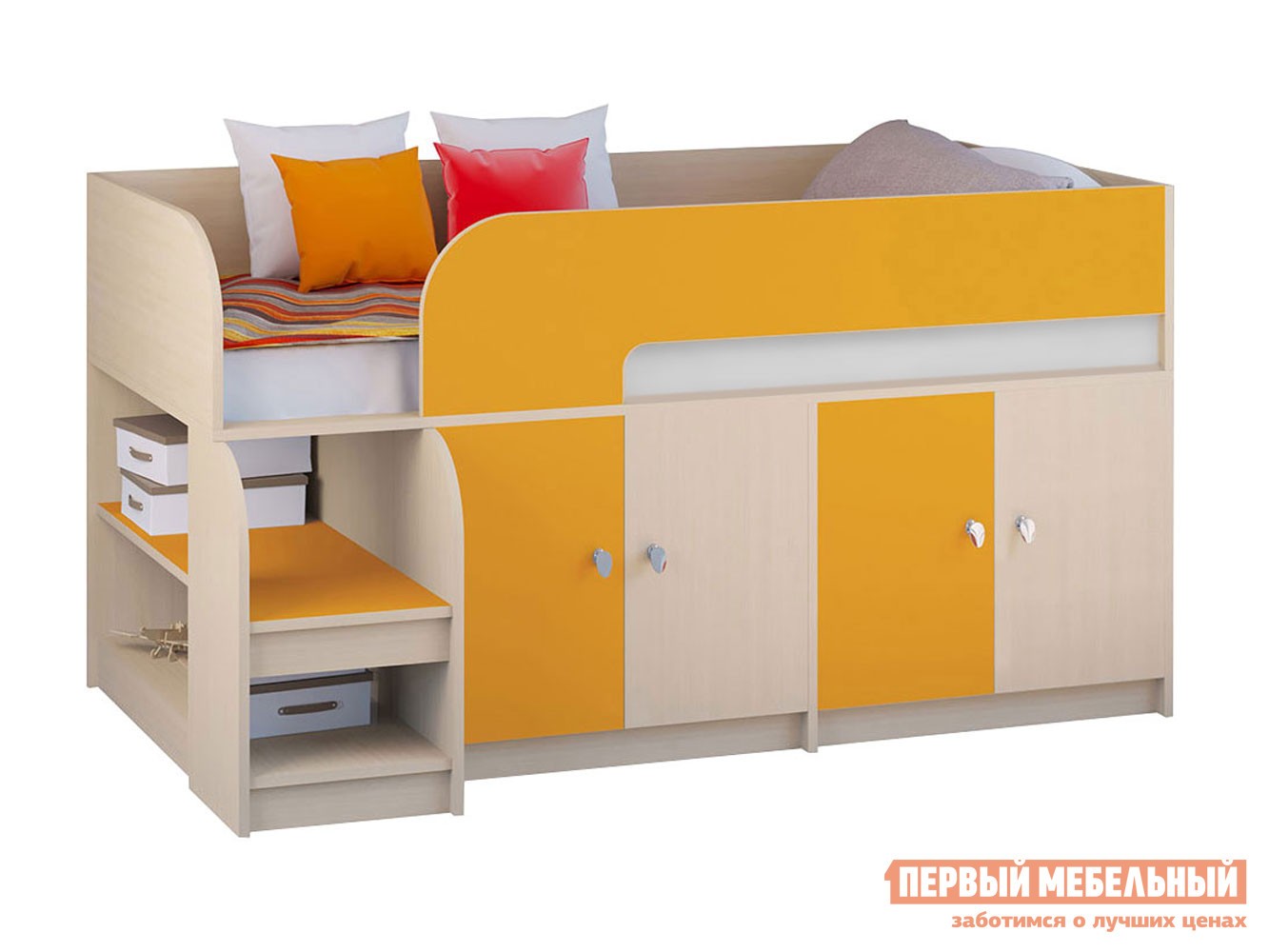 Кровать-чердак  Астра 9/2 Дуб Молочный / Оранжевый