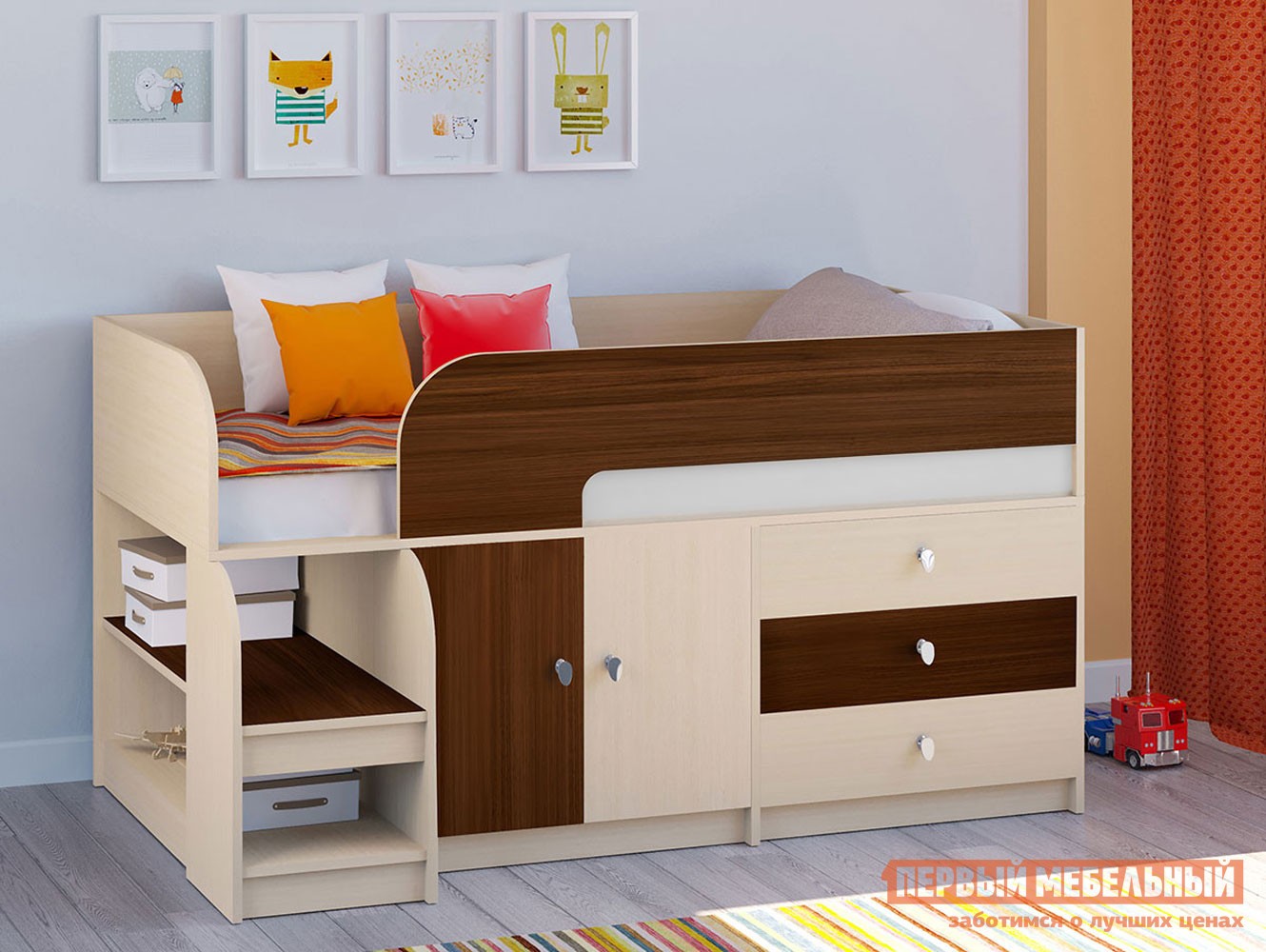 Кровать-чердак  Астра 9/1 Дуб Молочный / Орех