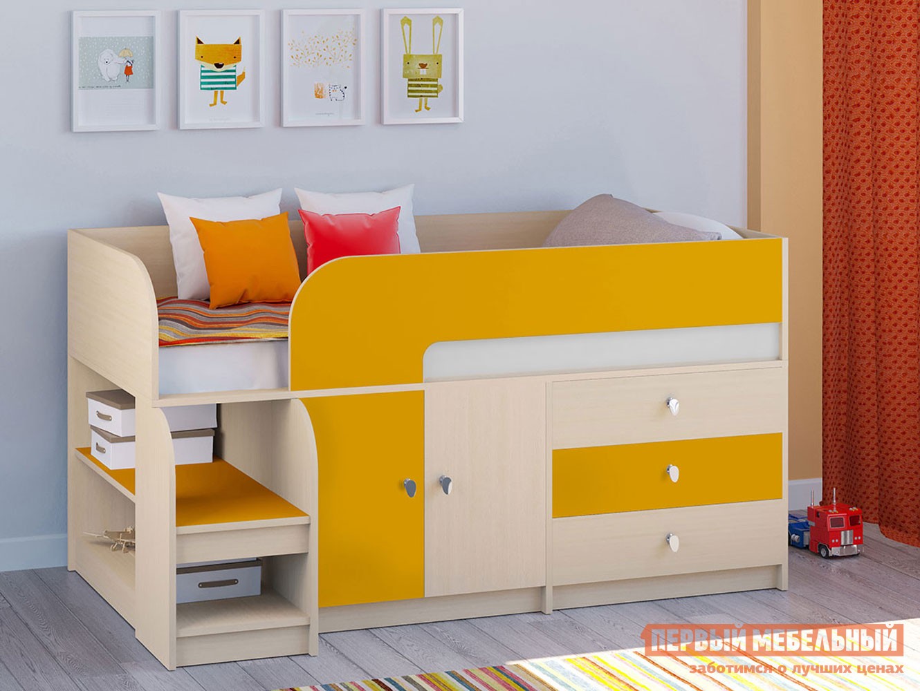 Кровать-чердак  Астра 9/1 Дуб Молочный / Оранжевый