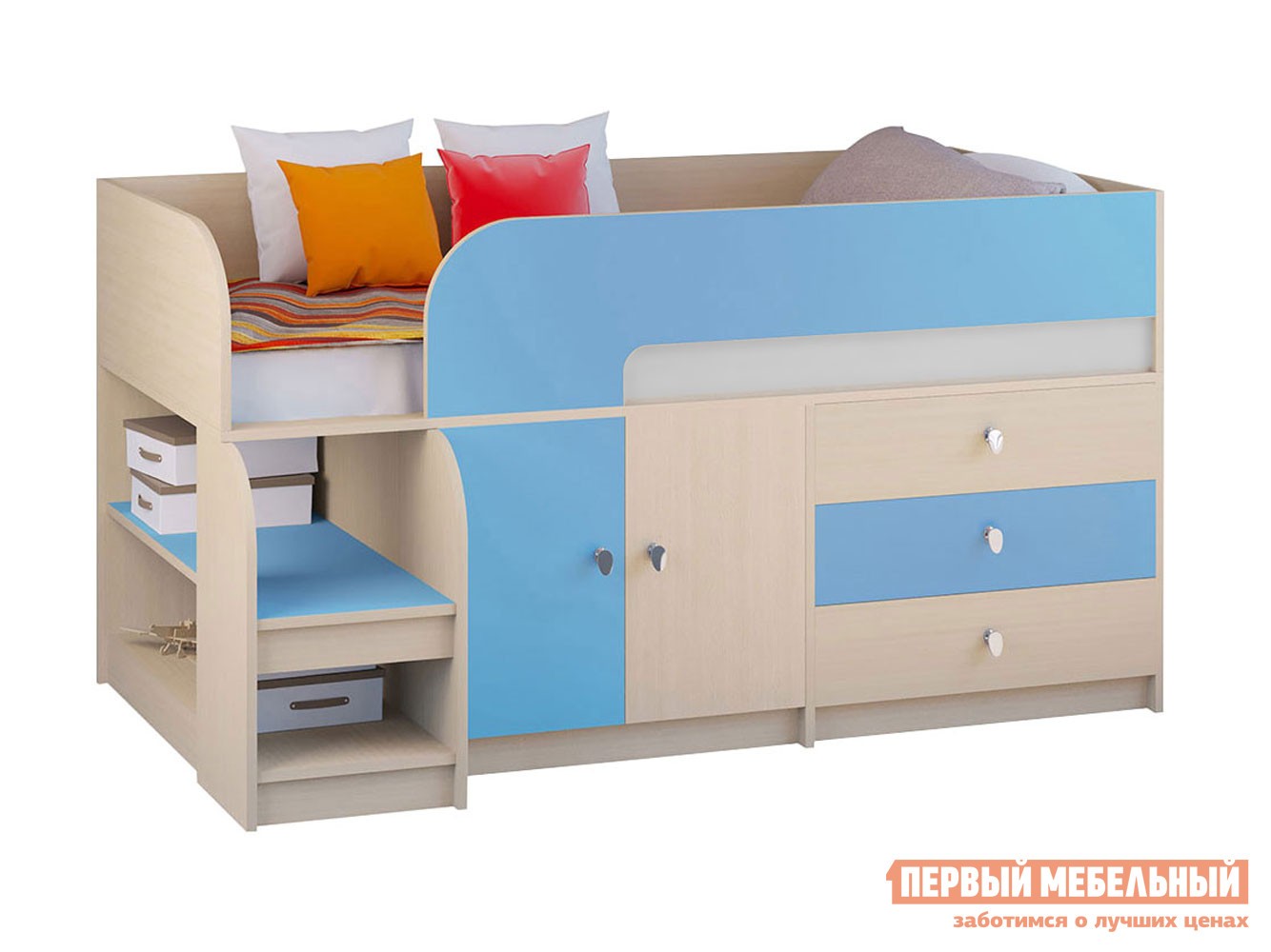 Кровать-чердак  Астра 9/1 Дуб Молочный / Голубой