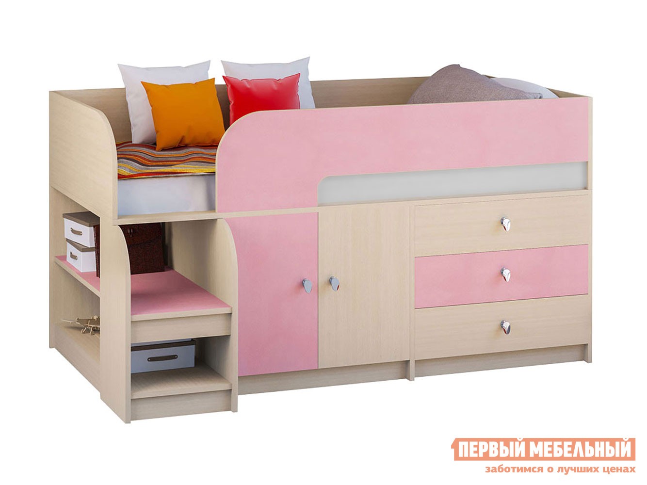 Кровать-чердак  Астра 9/1 Дуб Молочный / Розовый