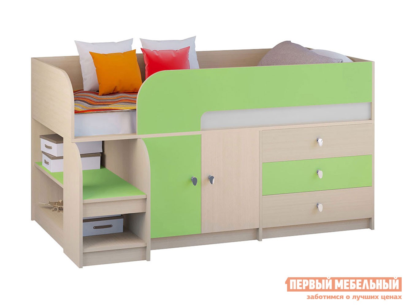 Кровать-чердак  Астра 9/1 Дуб Молочный / Салатовый