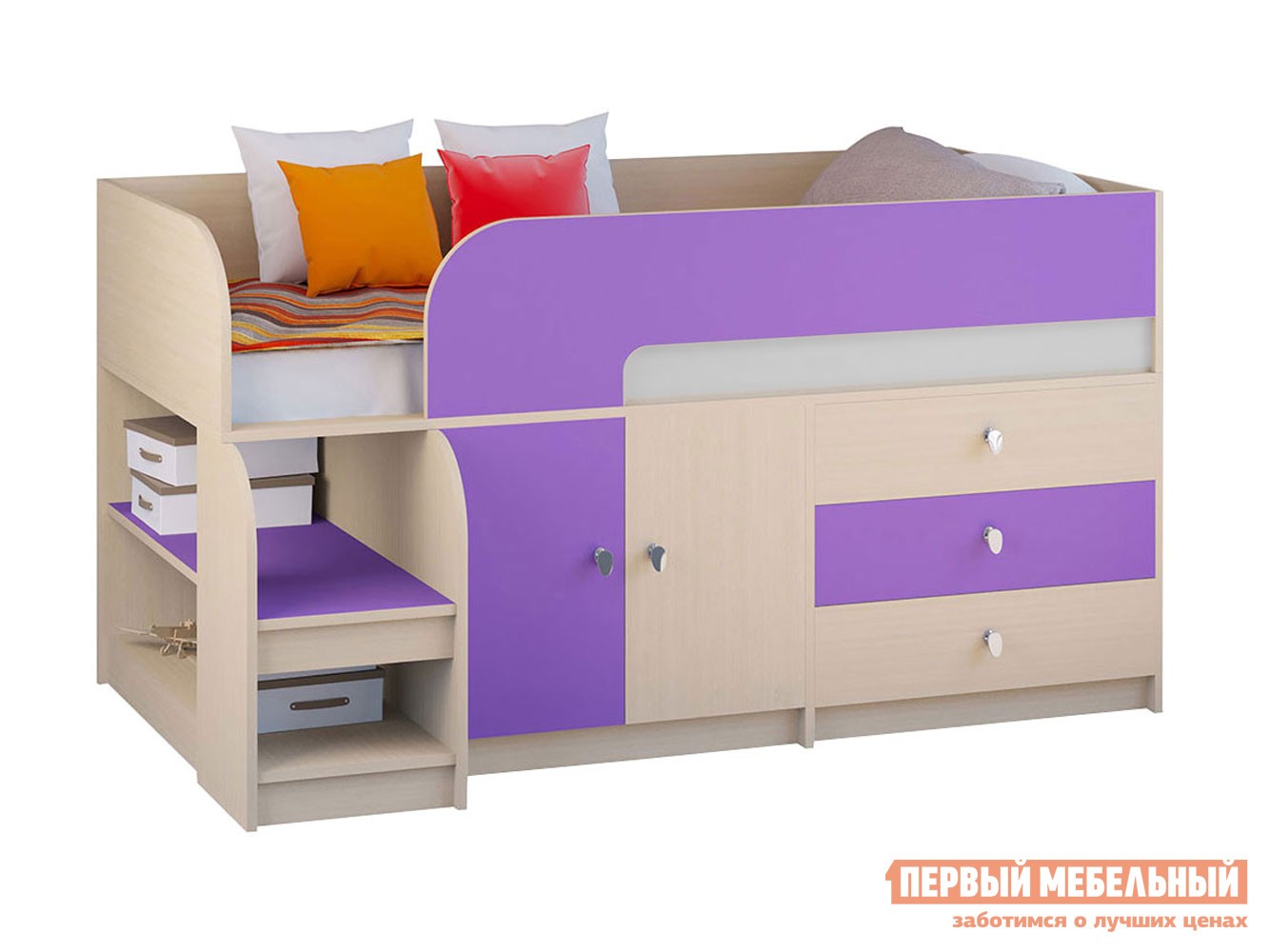 Кровать-чердак  Астра 9/1 Дуб Молочный / Фиолетовый