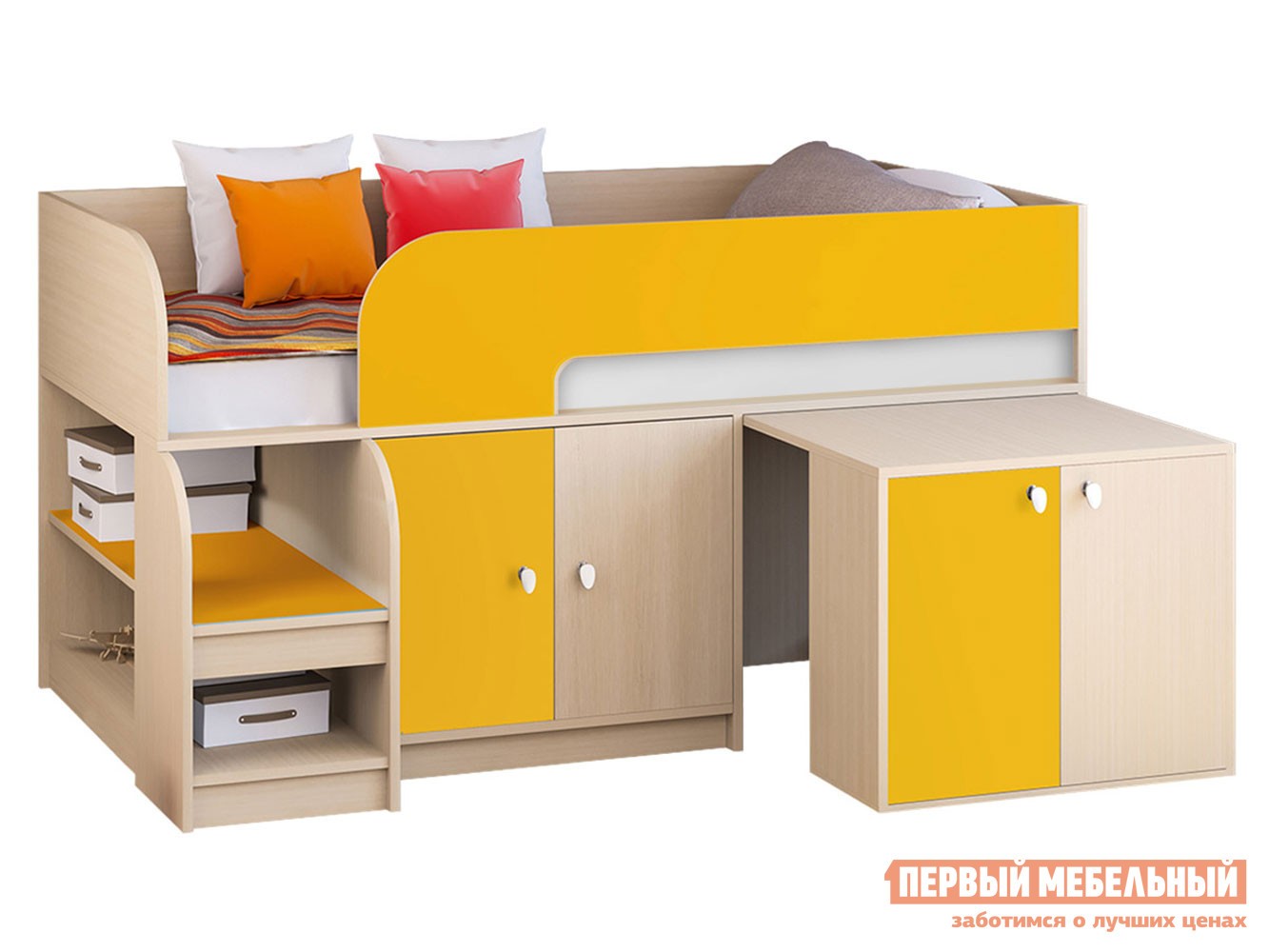 Кровать-чердак  Астра 9/8 Дуб Молочный / Оранжевый