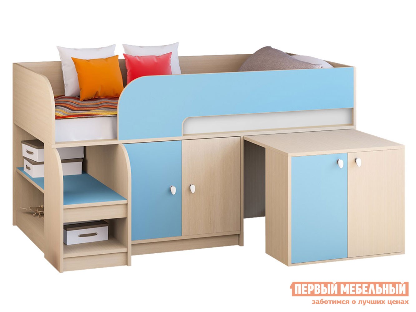 Кровать-чердак  Астра 9/8 Дуб Молочный / Голубой