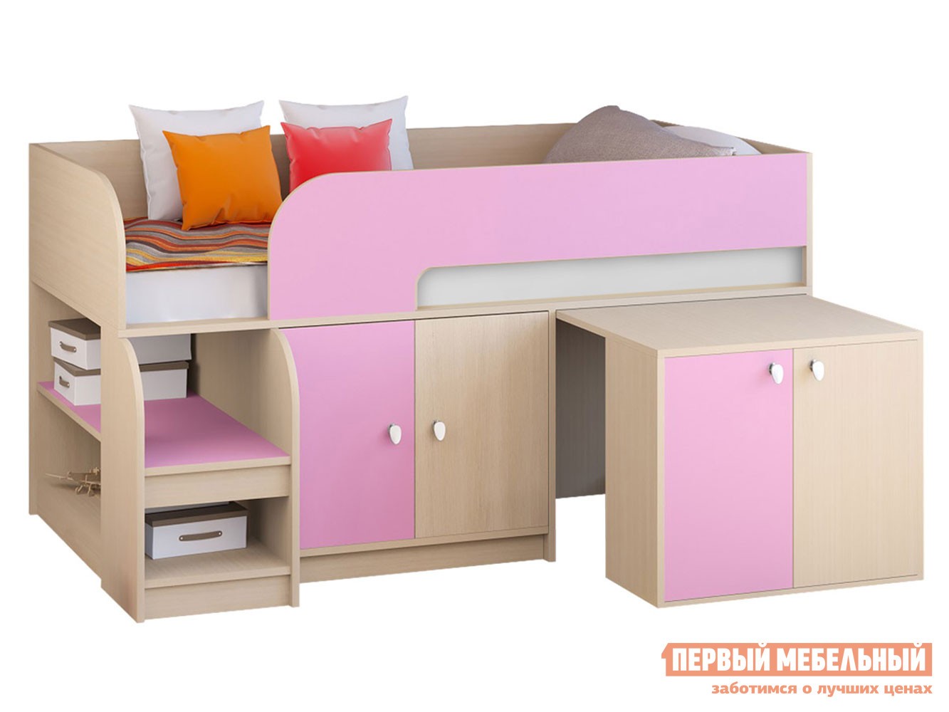 Кровать-чердак  Астра 9/8 Дуб Молочный / Розовый