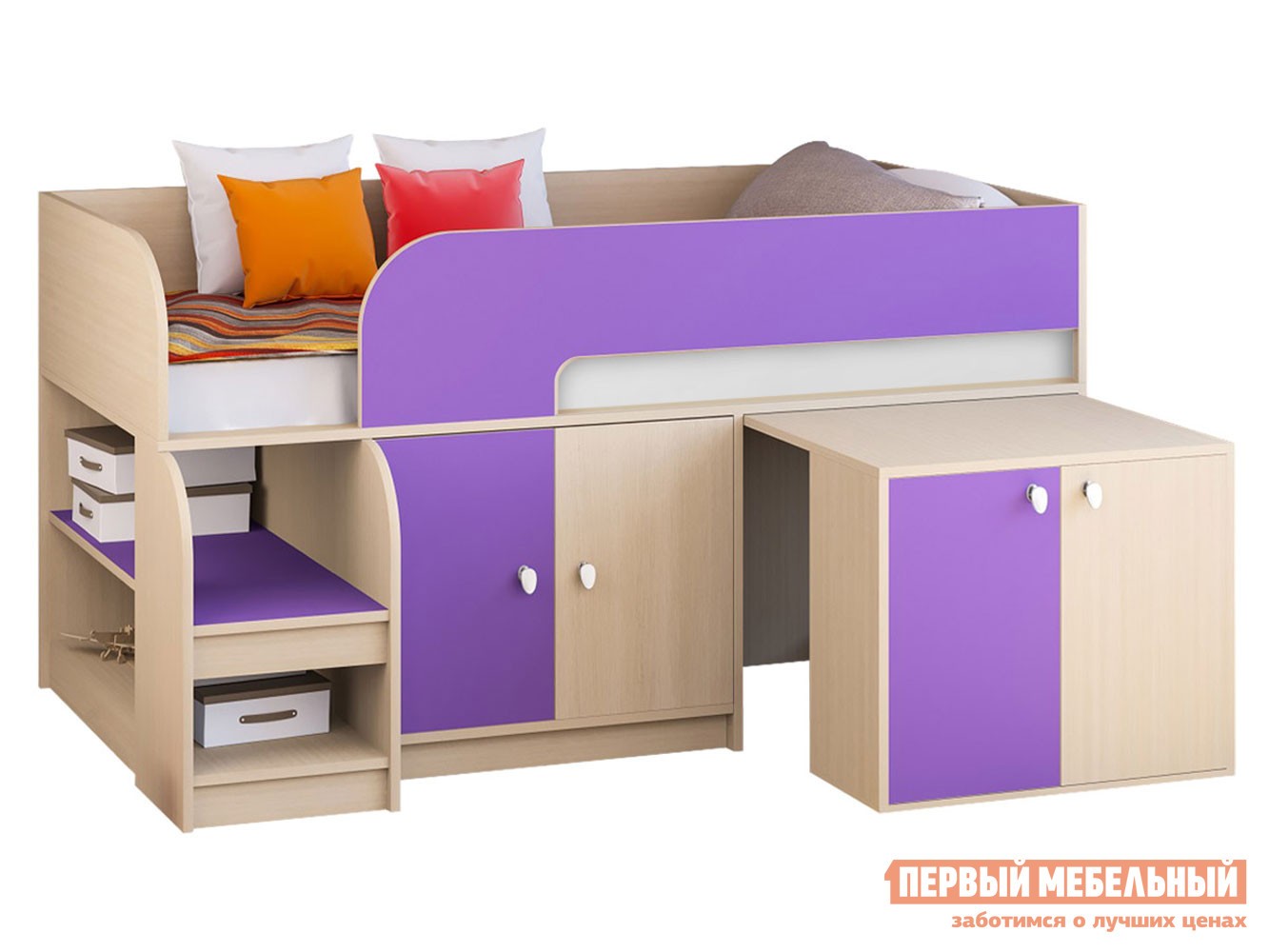 Кровать-чердак  Астра 9/8 Дуб Молочный / Фиолетовый