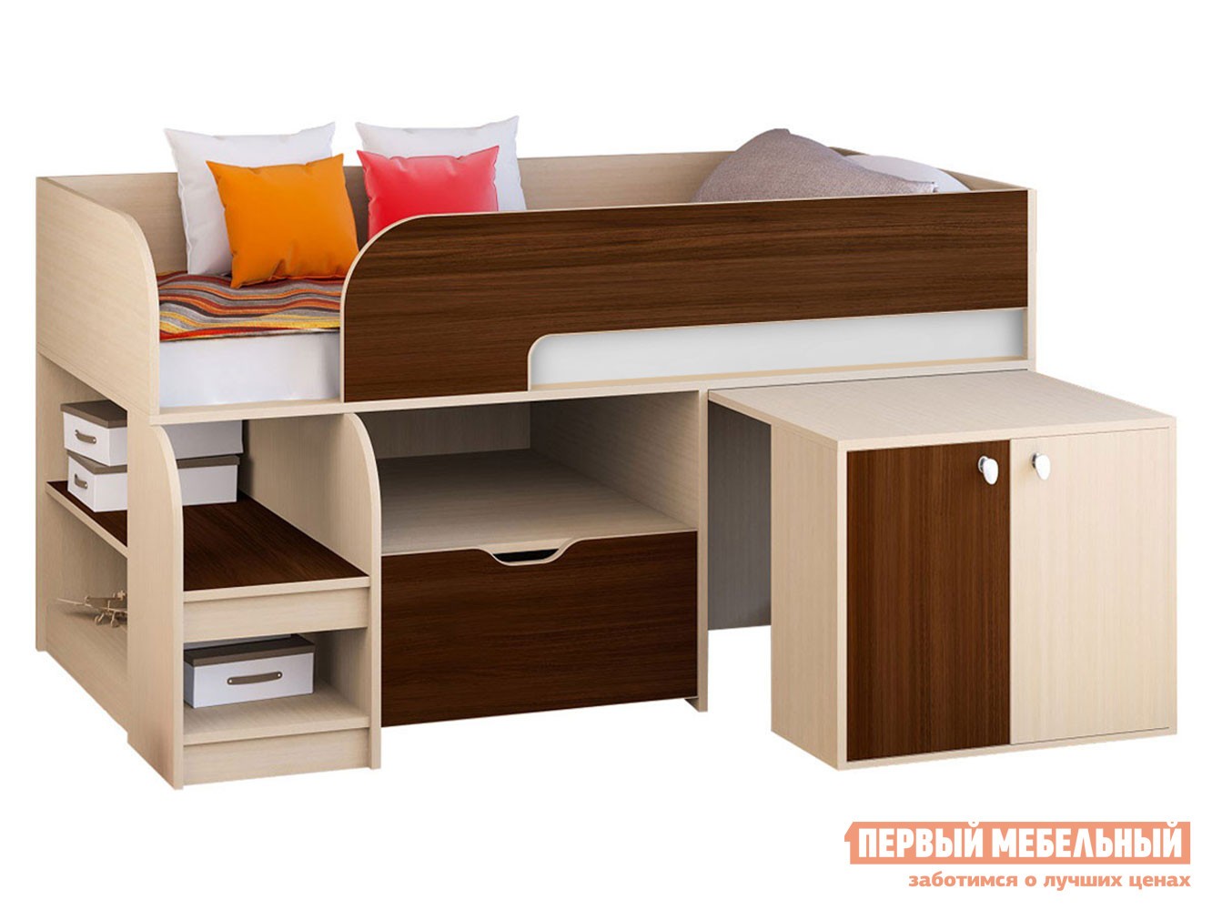 Кровать-чердак  Астра 9/9 Дуб Молочный / Орех