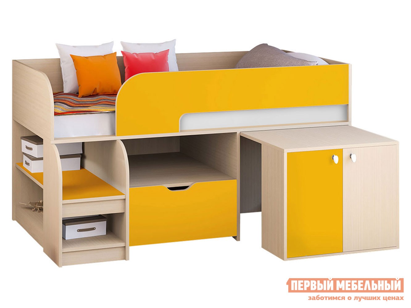 Кровать-чердак  Астра 9/9 Дуб Молочный / Оранжевый
