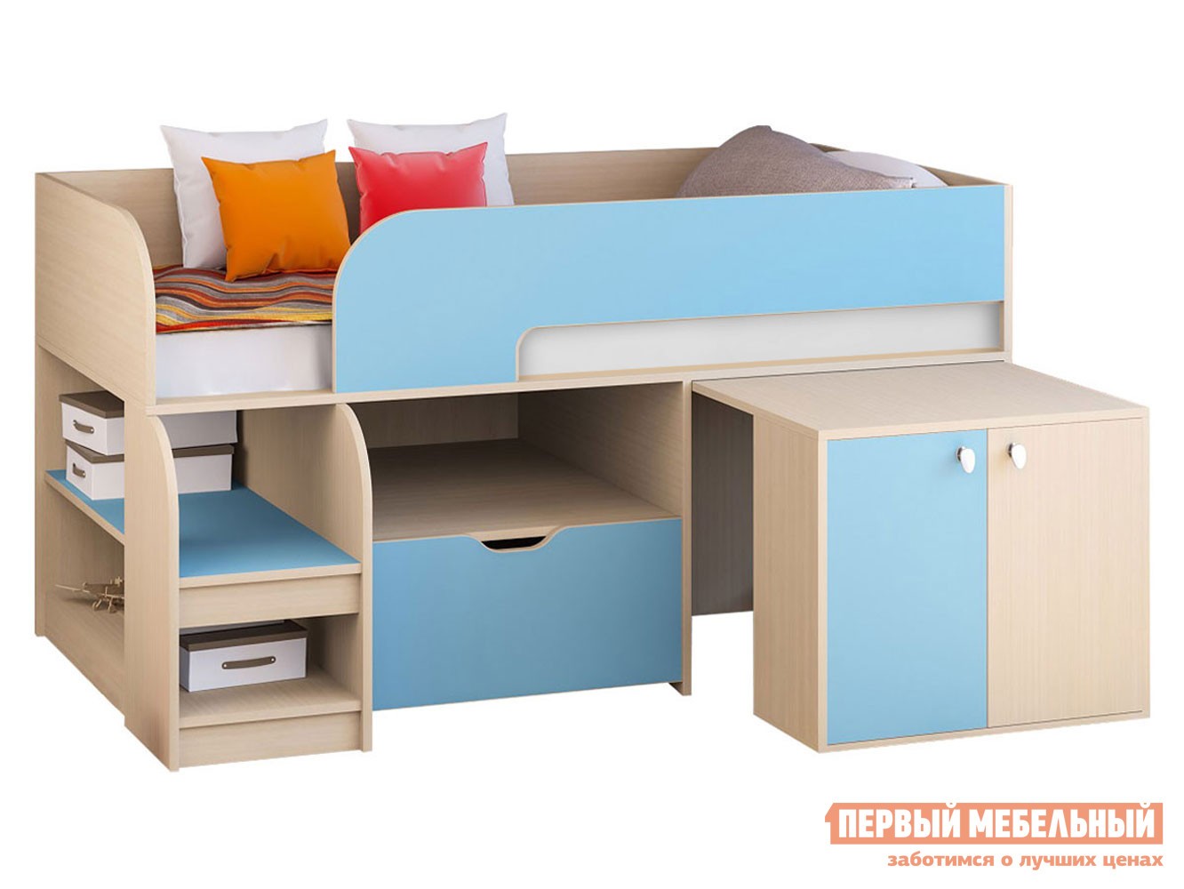 Кровать-чердак  Астра 9/9 Дуб Молочный / Голубой