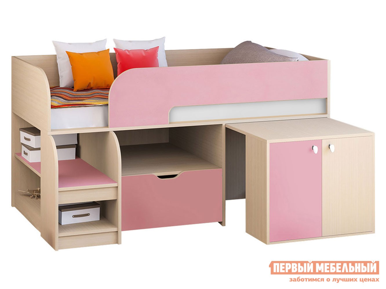 Кровать-чердак  Астра 9/9 Дуб Молочный / Розовый