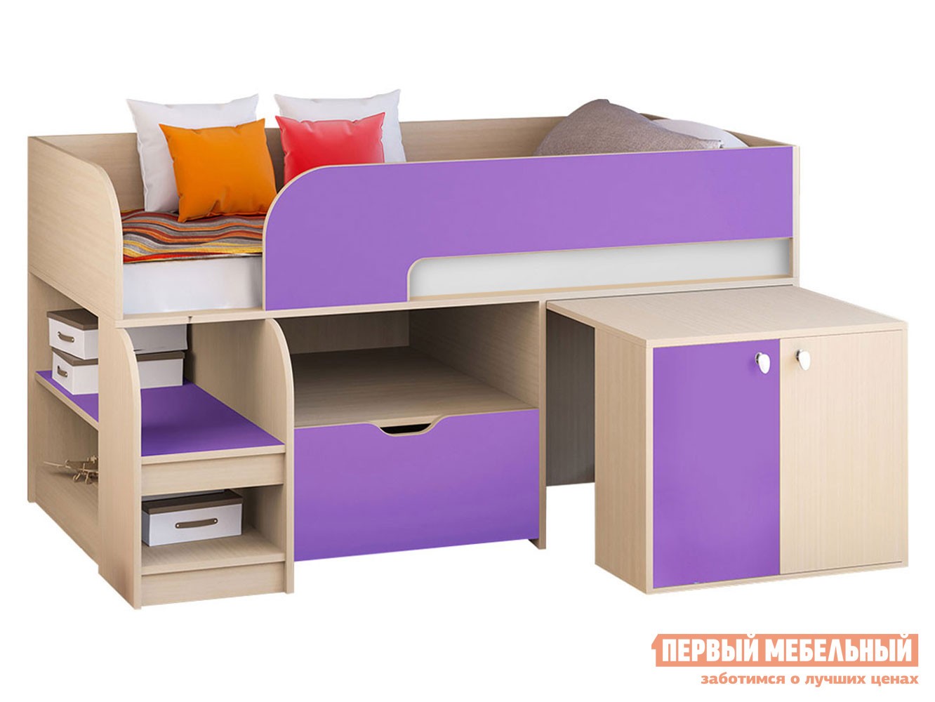 Кровать-чердак  Астра 9/9 Дуб Молочный / Фиолетовый