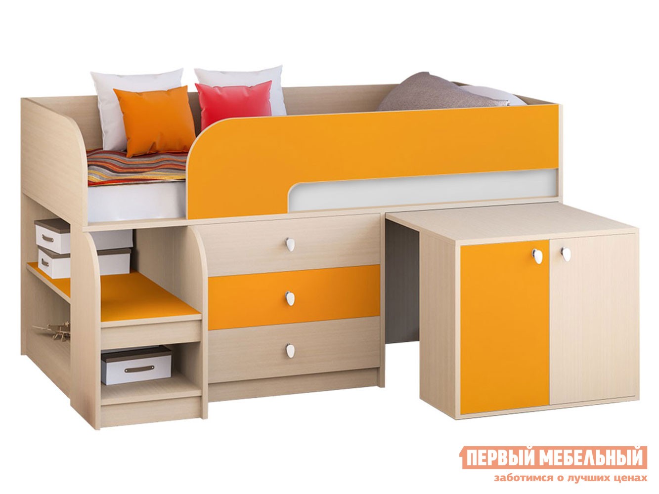 Кровать-чердак  Астра 9/7 Дуб Молочный / Оранжевый