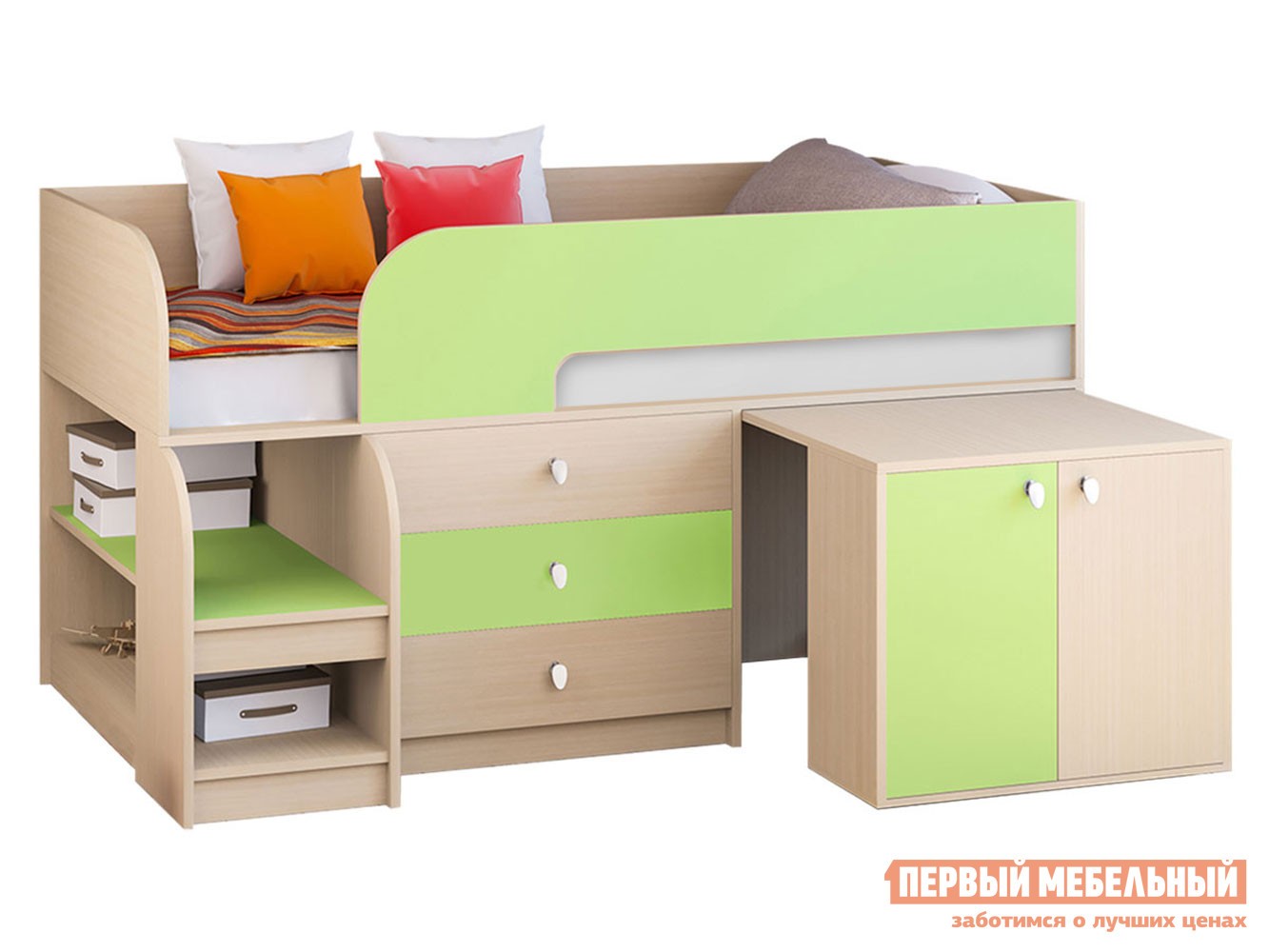 Кровать-чердак  Астра 9/7 Дуб Молочный / Салатовый