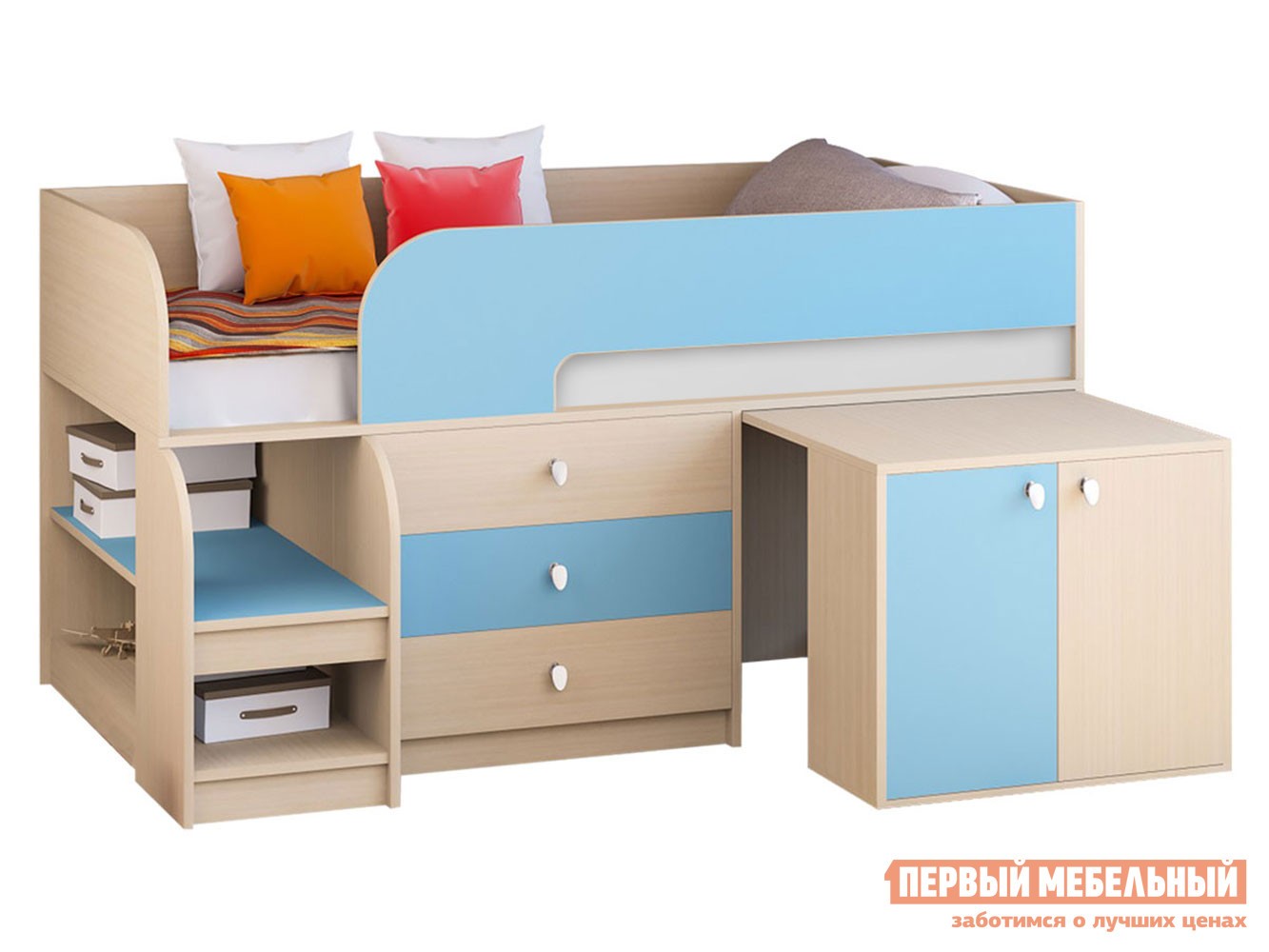 Кровать-чердак  Астра 9/7 Дуб Молочный / Голубой