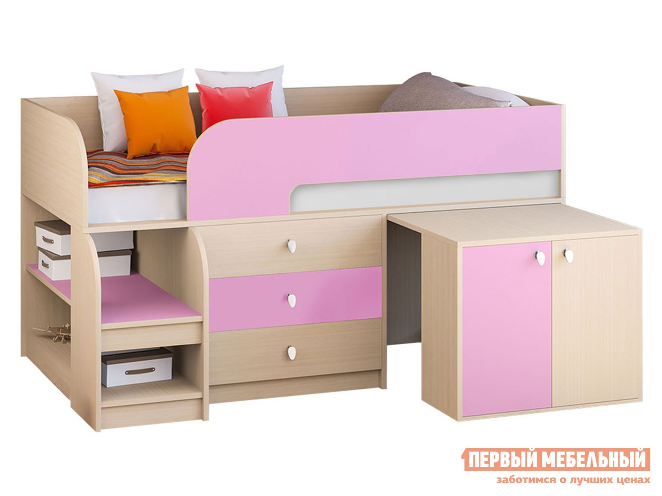 Кровать-чердак  Астра 9/7 Дуб Молочный / Розовый