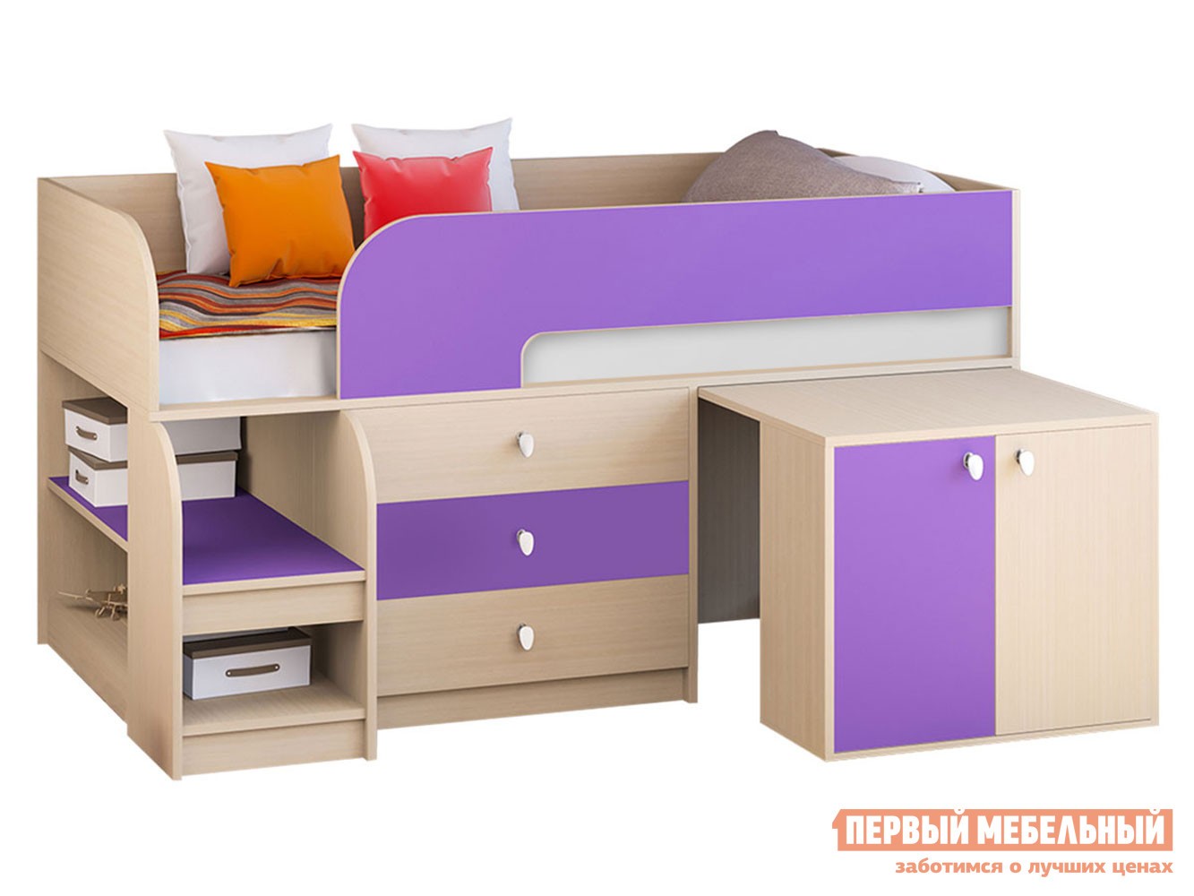 Кровать-чердак  Астра 9/7 Дуб Молочный / Фиолетовый