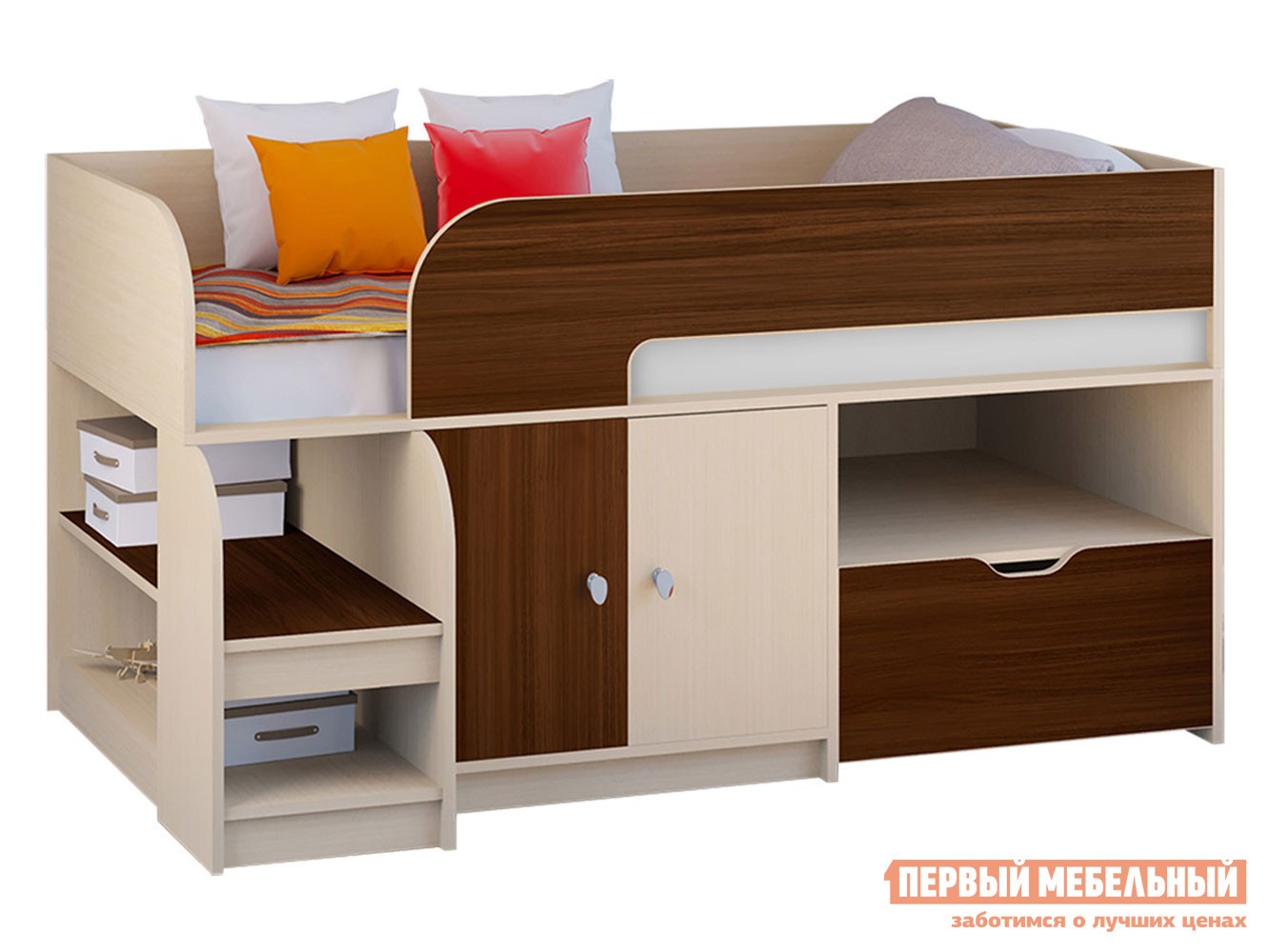 Кровать-чердак  Астра 9/4 Дуб Молочный / Орех