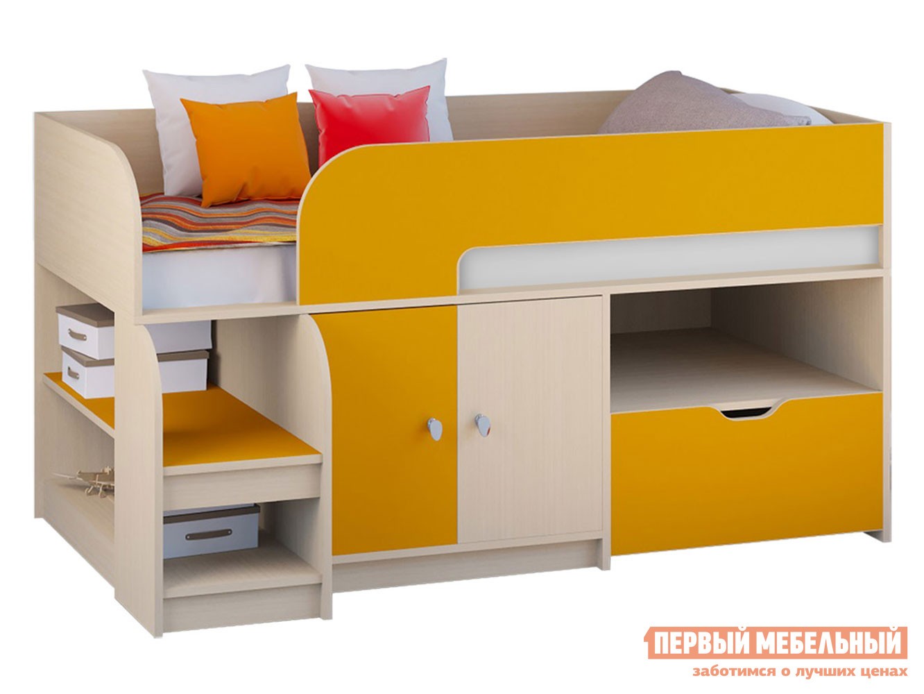 Кровать-чердак  Астра 9/4 Дуб Молочный / Оранжевый