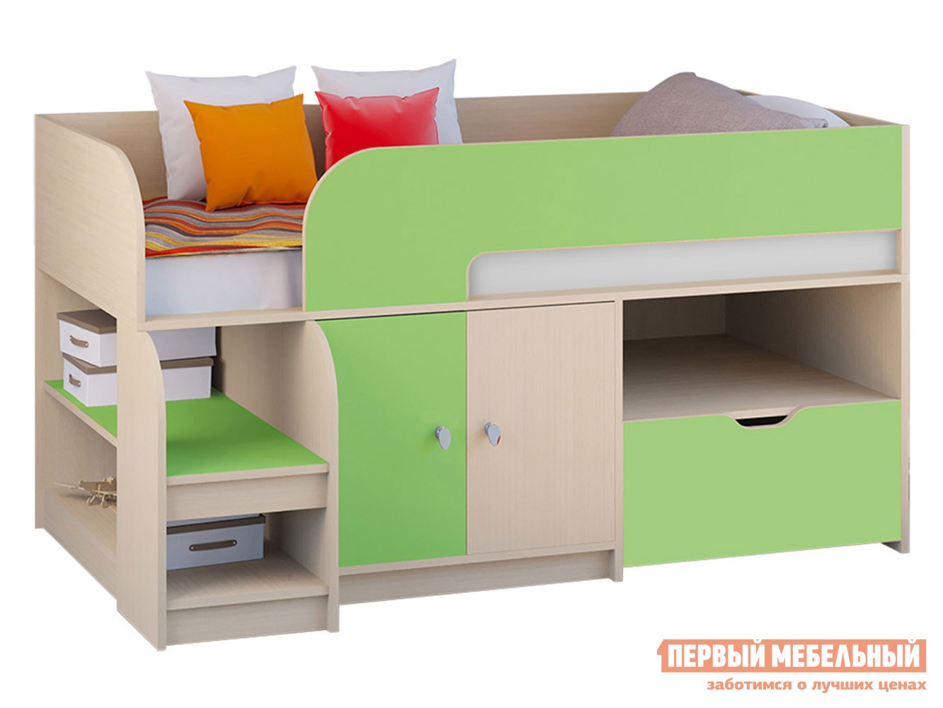 Кровать-чердак  Астра 9/4 Дуб Молочный / Салатовый