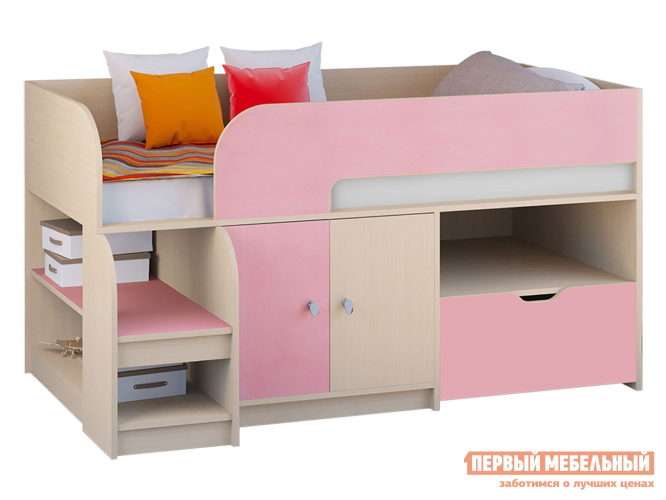 Кровать-чердак  Астра 9/4 Дуб Молочный / Розовый