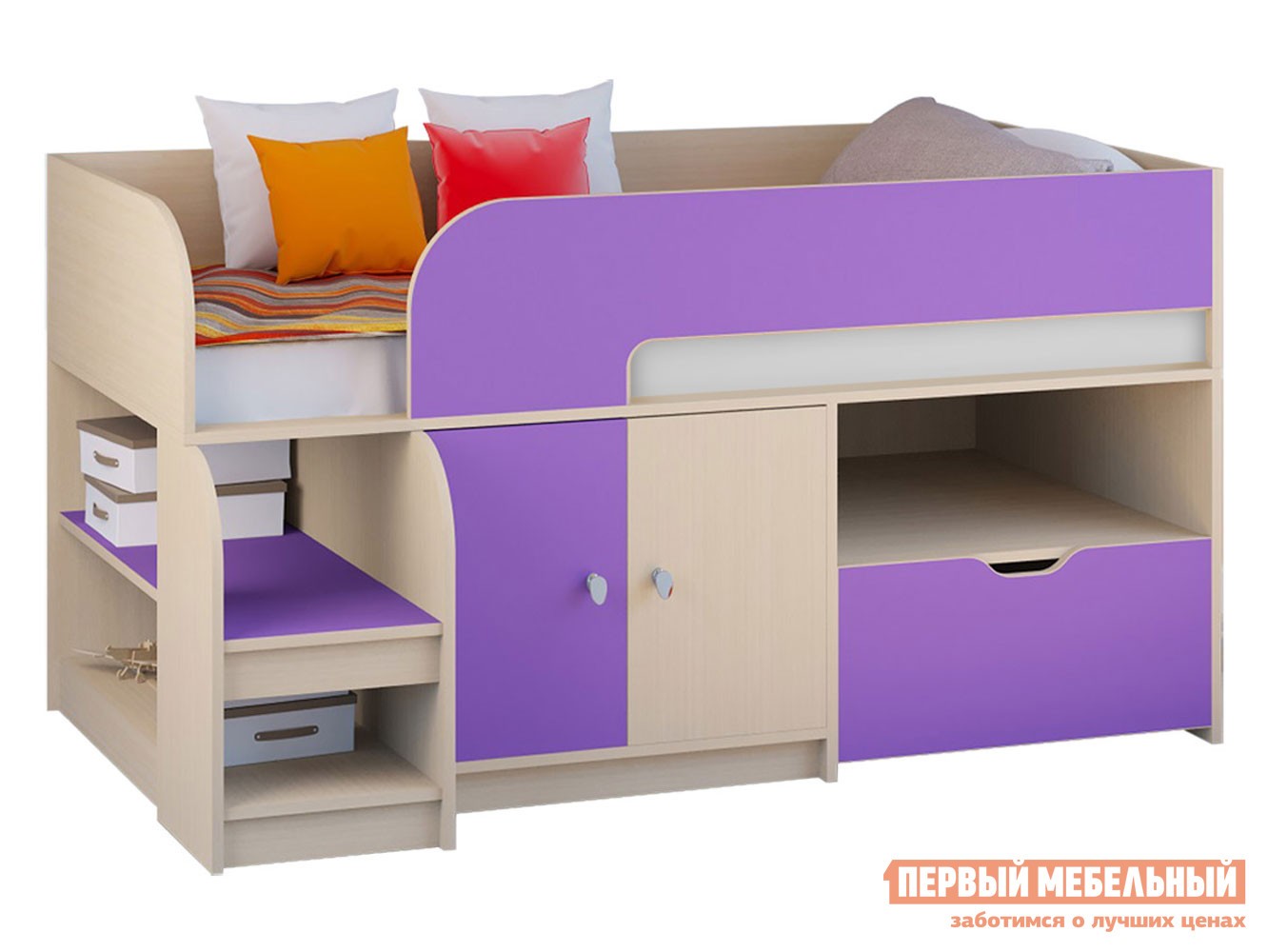 Кровать-чердак  Астра 9/4 Дуб Молочный / Фиолетовый