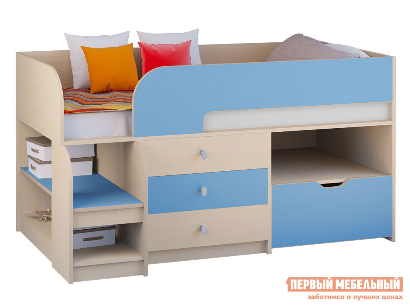 Кровать-чердак  Астра 9/5 Дуб Молочный / Голубой