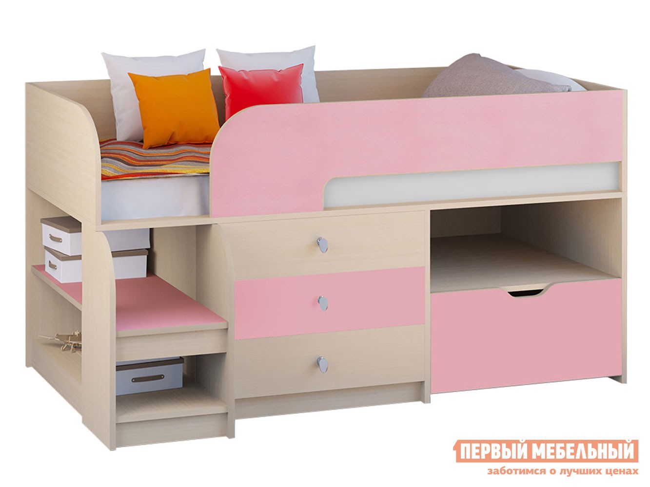 Кровать-чердак  Астра 9/5 Дуб Молочный / Розовый