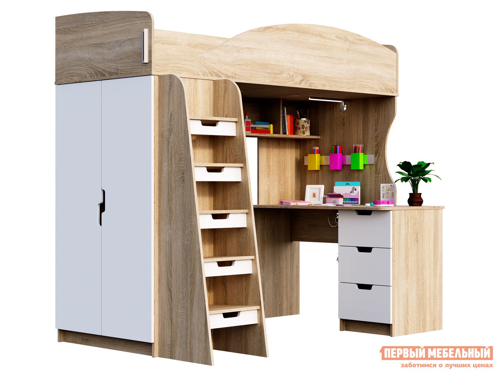 Кровать-чердак  Сэнди Дуб Сонома / Белый